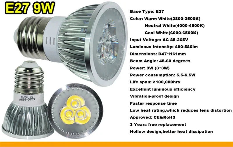 High Brightness LED Spotlight Bulb - E27 E14 GU10 MR16 Base (9W 12W 15W)