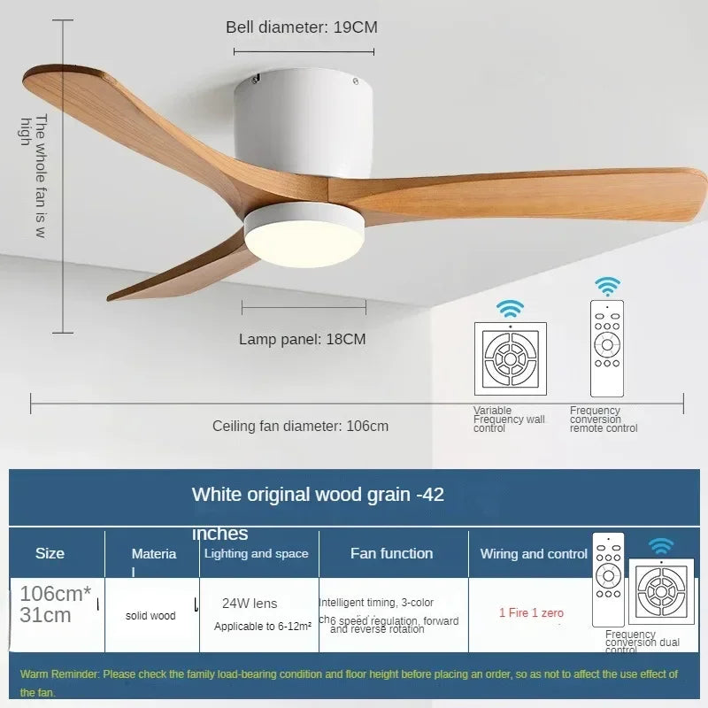 Nordic Style Solid Wood Fan Leaf Ceiling Light, Remote Control, Household Bedroom, Living Room Light, Low Floor Electric Fan