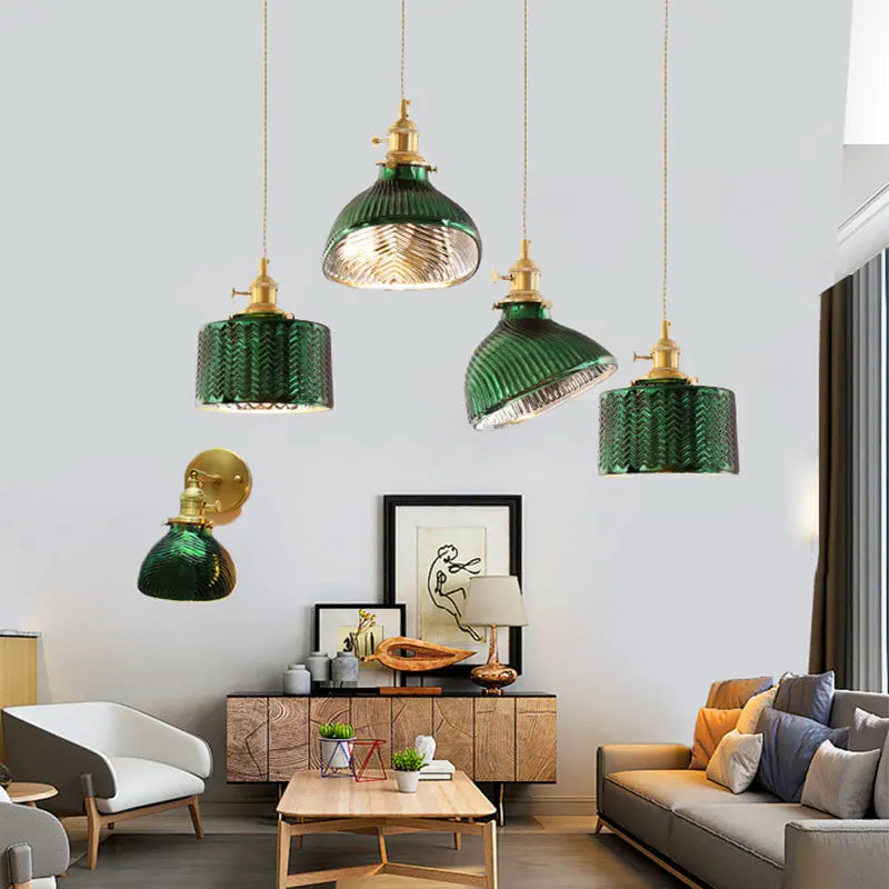 Modern LOFT E27 pure copper lamp holder chandelier simple green glass lamp kitchen living room bedroom bar indoor chandelier
