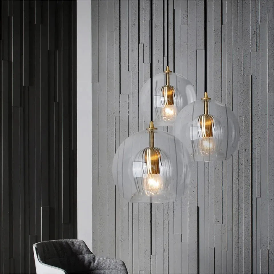Nordic LED Loft Pendant Light Glass Amber/Clear Hanging Lighting Fixture Industrial Pendant Lamp for Kitchen Living Room Modern