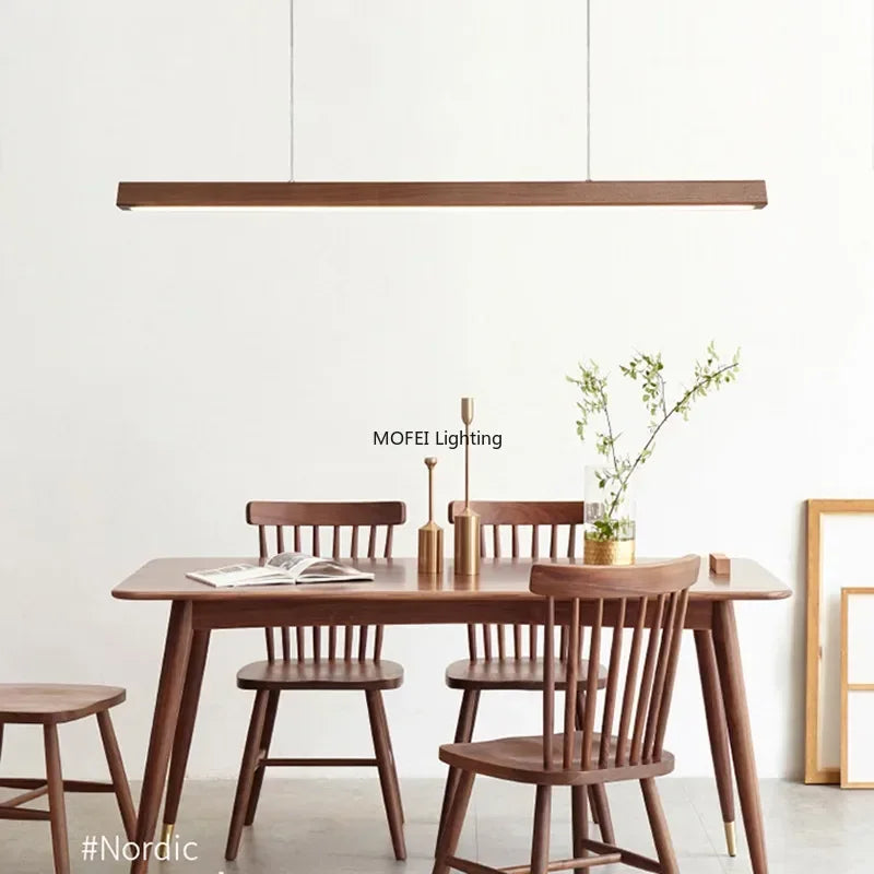 Nordic Long Wood Strip LED Pendant Light Dining Table Lamp Minimalism Suspension Chandelier Living Dining Room Lighting Fixture