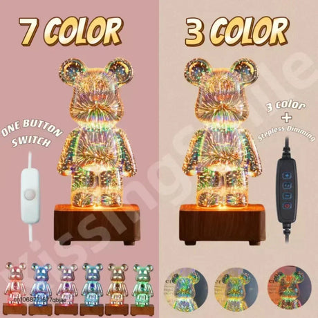 3D Fireworks Bear Lamp USB Led Night Light Bedroom Decoration Cute Table Desk Projection Atmosphere 7 Color Changeable Kid Gift
