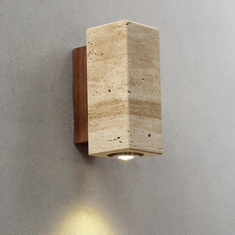 Wabi-Sabi Yellow Travertine Marble LED Wall Sconce - Japanese Natural Stone Minimalist Wall Lamp for Bedroom Bedside, Living Room & Corridor