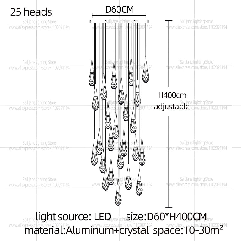 Modern Luxury Crystal Chandelier Hanging Staircas Water Droplet Pendent Lamp Villa Living Room Ceiling Light Attic Pendant Light