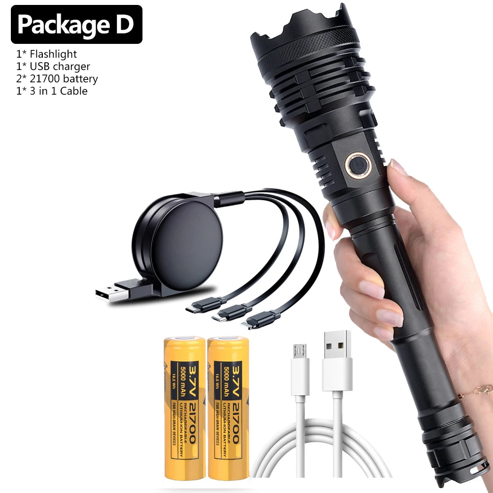 The Most Brightest Led Flashlight XHP110.2 16-core Power Bank 10000mah Torch Usb Rechargeable 21700 Battery Zoomable Lantern 50W