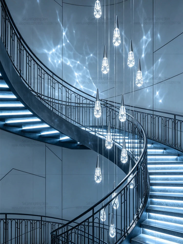 Modern Luxury Crystal Chandelier Hanging Staircas Water Droplet Pendent Lamp Villa Living Room Ceiling Light Attic Pendant Light