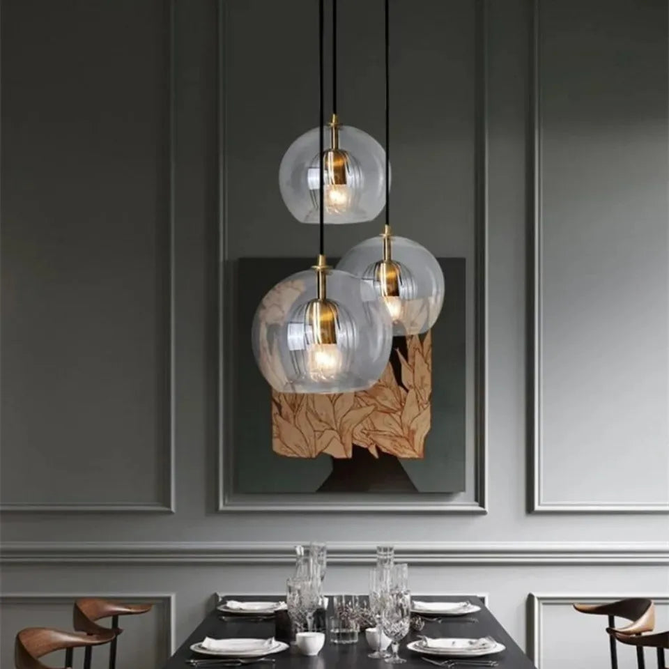 Nordic LED Loft Pendant Light Glass Amber/Clear Hanging Lighting Fixture Industrial Pendant Lamp for Kitchen Living Room Modern