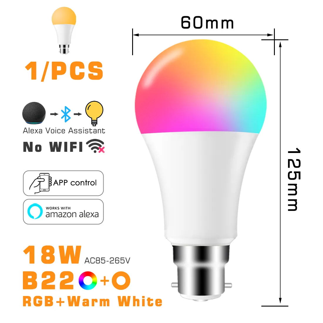 LED Smart Light Bulb, Color Changing Alexa Light, RGB Smart Lamp That Work With Alexa, E27 B22 Base,16 Million Colors, Dimmable