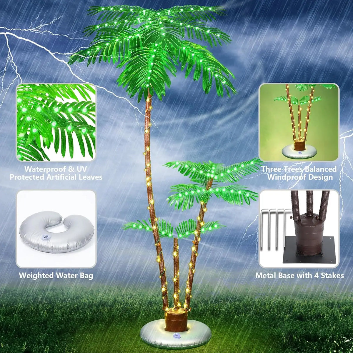 Outdoor terrace with solar powered lighting for palm trees, outdoor Christmas decoration with LED artificial tree lights