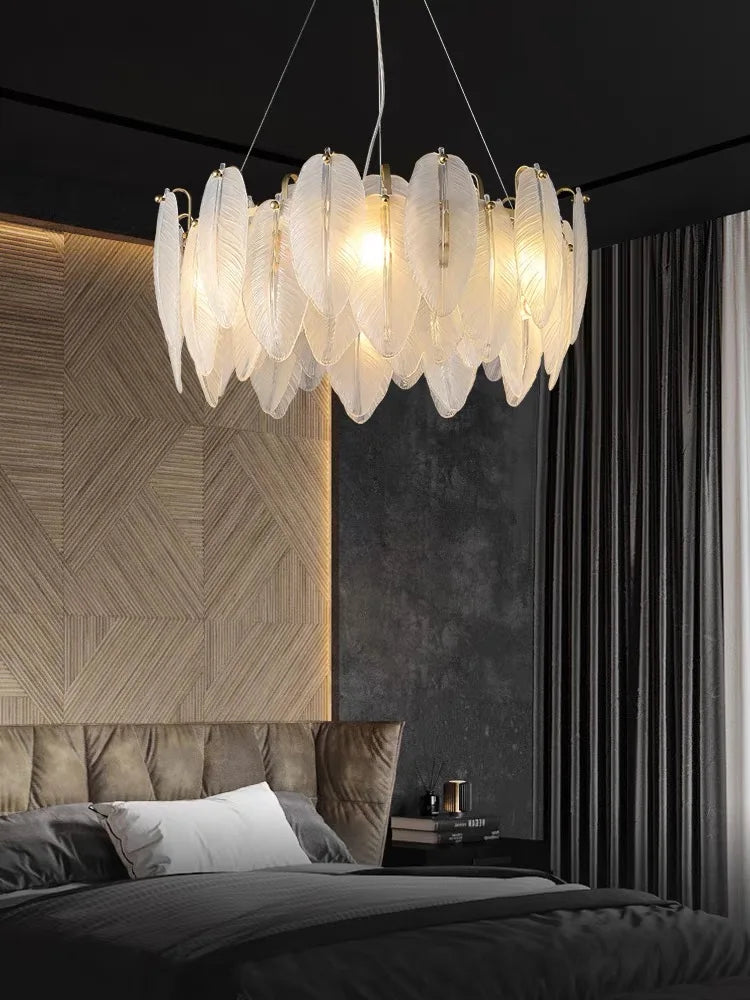 Modern Luxury Glass Feather Chandelier Lighting Lustre Suspension Luminaire Lamp for Living Dining Bedroom Kitchen Home Decor