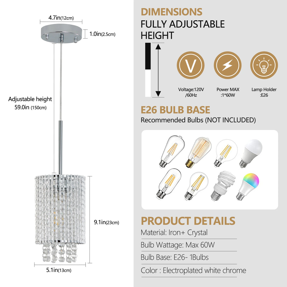 Luxury Modern Crystal Pendant Light 3-Pack Adjustable Chrome Hanging Ceiling Fixture with Clear Beads, Elegant Design