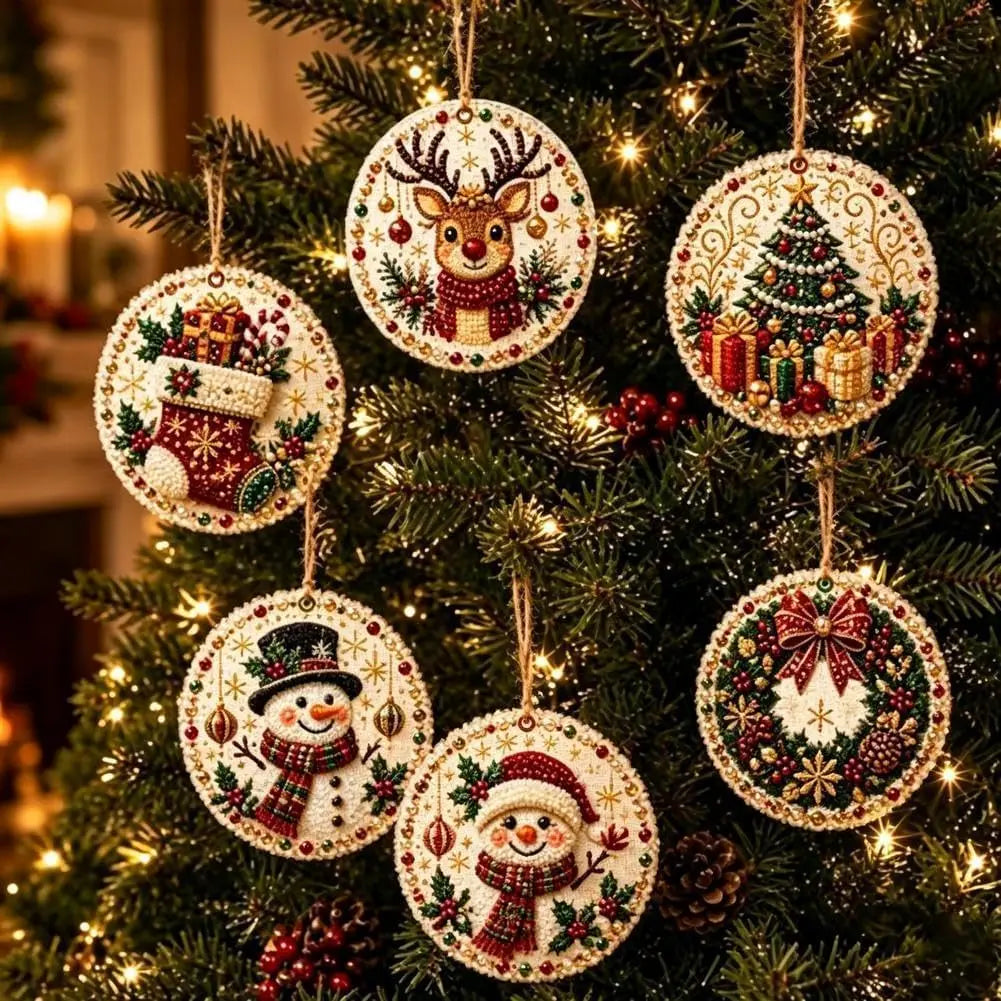 6Pcs Wooden Christmas Decoration DIY Pearl Art Kits for Adults, Xmas Tree Crafts Hanging Ornament Kit with Beads, Gems & Twine