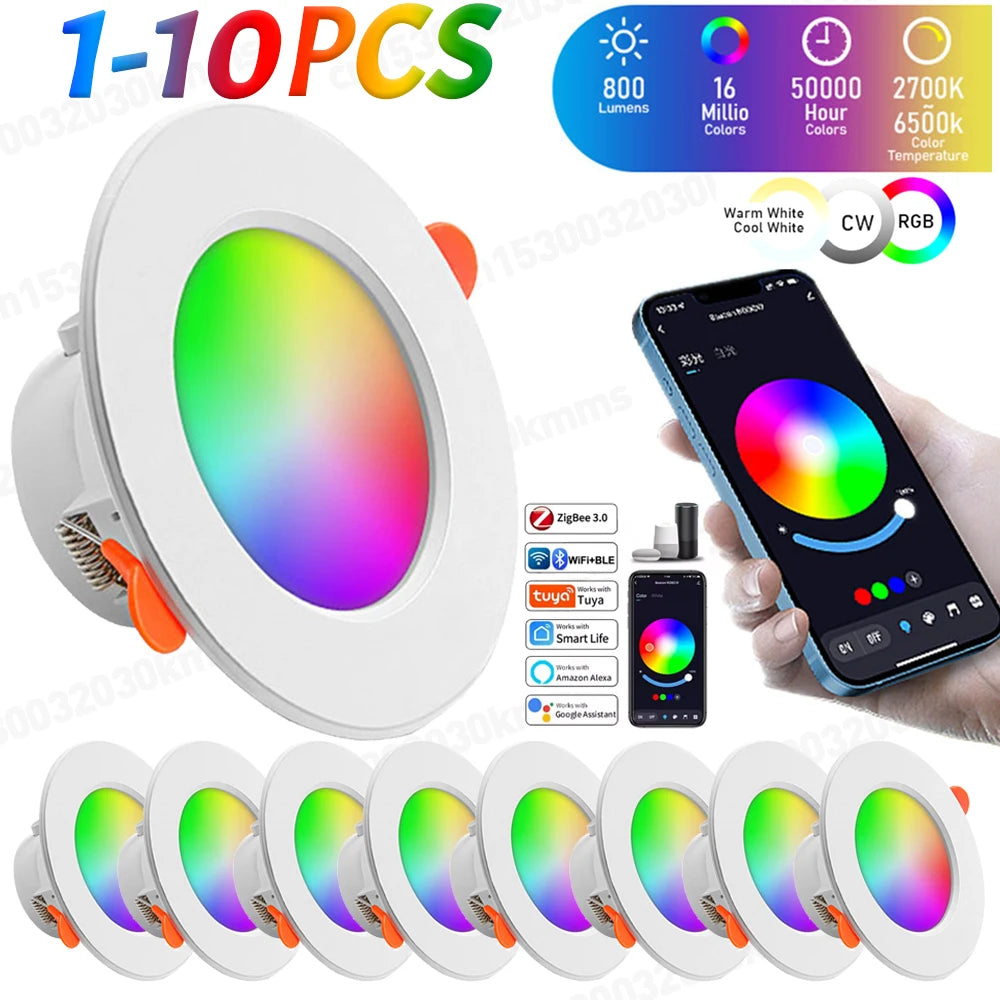 1-10pcs Tuya Bluetooth Smart LED Downlight Full RGB Color Dimming 3 Inch Tuya Bluetooth Control Tuya Downlight 10W 85-265v