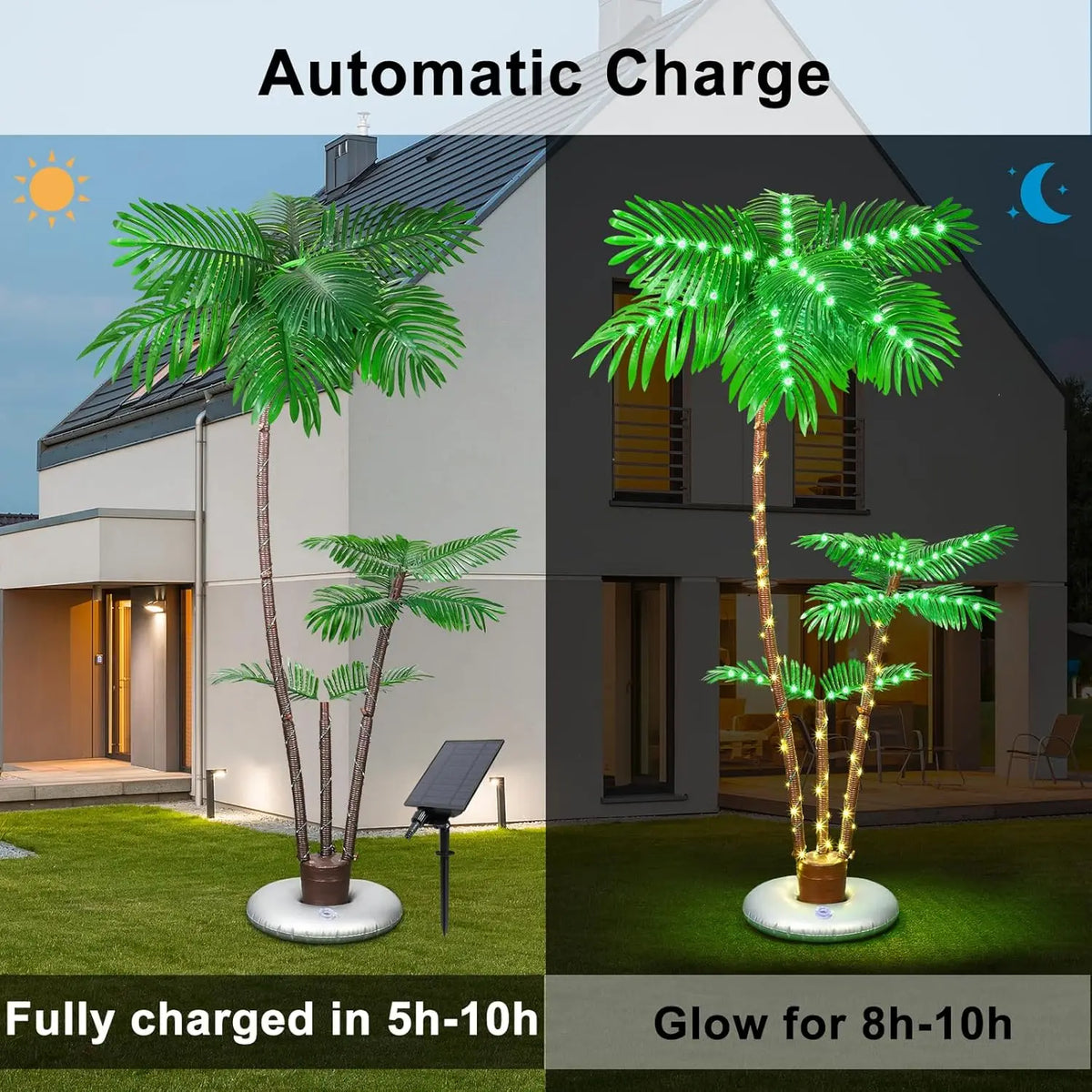 Outdoor terrace with solar powered lighting for palm trees, outdoor Christmas decoration with LED artificial tree lights