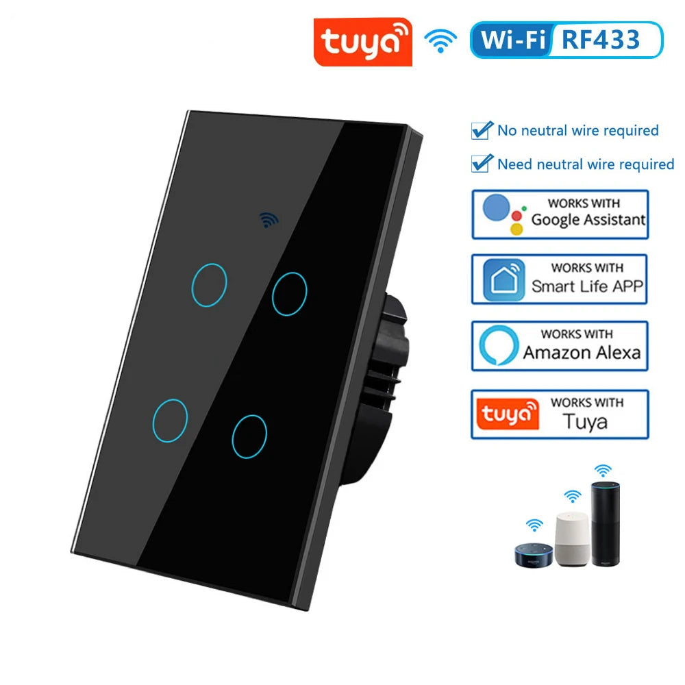 WiFi Smart Touch Light Switch (No Neutral Required) - RF433 Remote Wall Switch