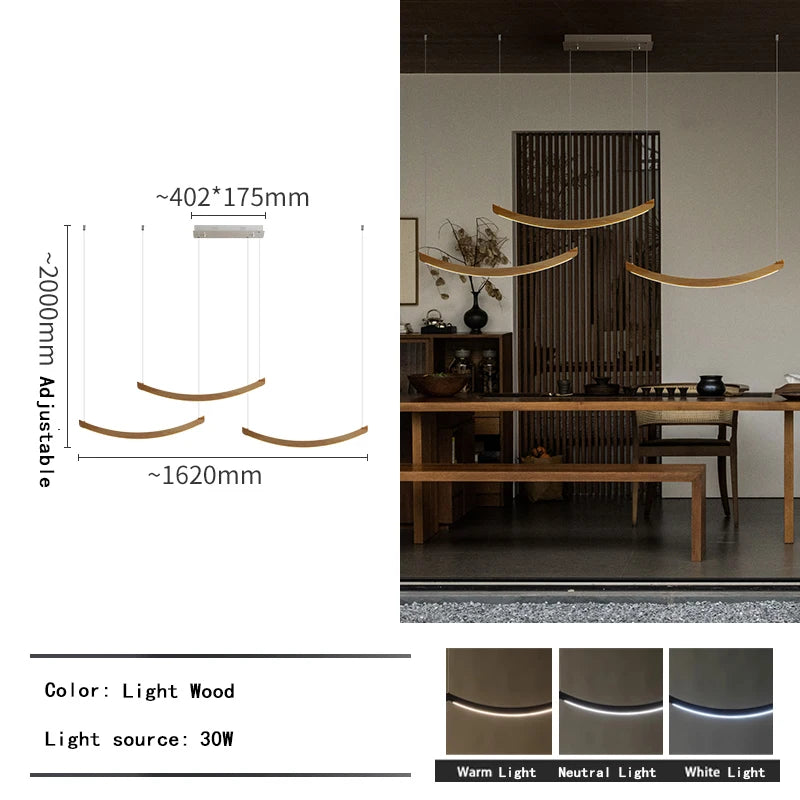 2026 Wood Arch Modern Long Pendant Light - Minimalist LED Dining Table Chandelier