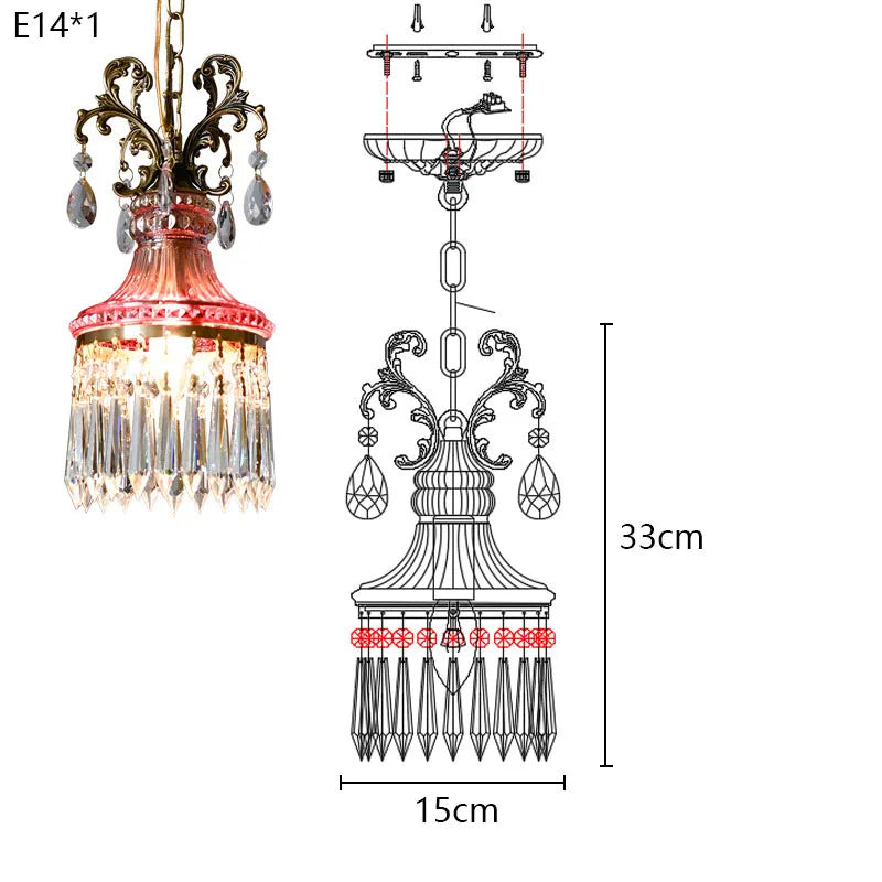 French Crystal Small Chandelier Retro Luxury Bedroom Bedside Hanging Rope Porch Aisle Corridor Balcony Copper Pendant Lighting
