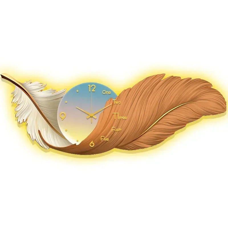 LED Wall Clock Light Luxury Large Art Clocks Living Room Decors Painting Wall Watch Feather Silent Clock Renog Home Decoration