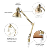 Electric 62000010 32 MultiJoint Desk Lamp with Metal Clamp, Matte Brass, White Accents, On Off Rotary Switch on Shade, Partially