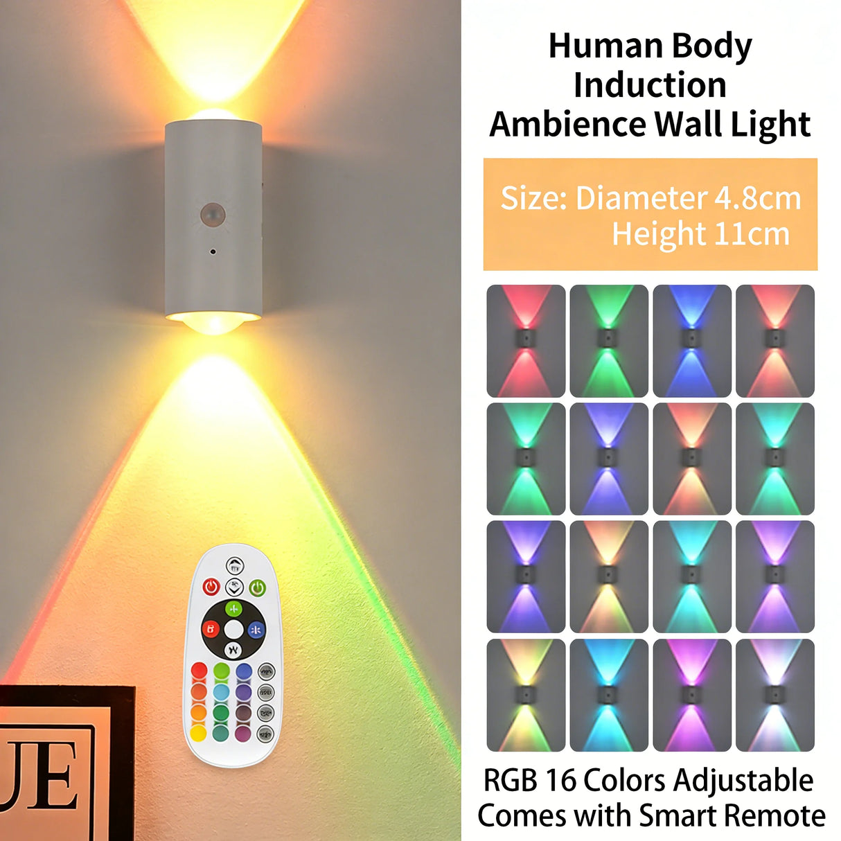 RGB Motion Sensor LED Wall Lights - Rechargeable Magnetic Night Light with Remote (16 Colors)