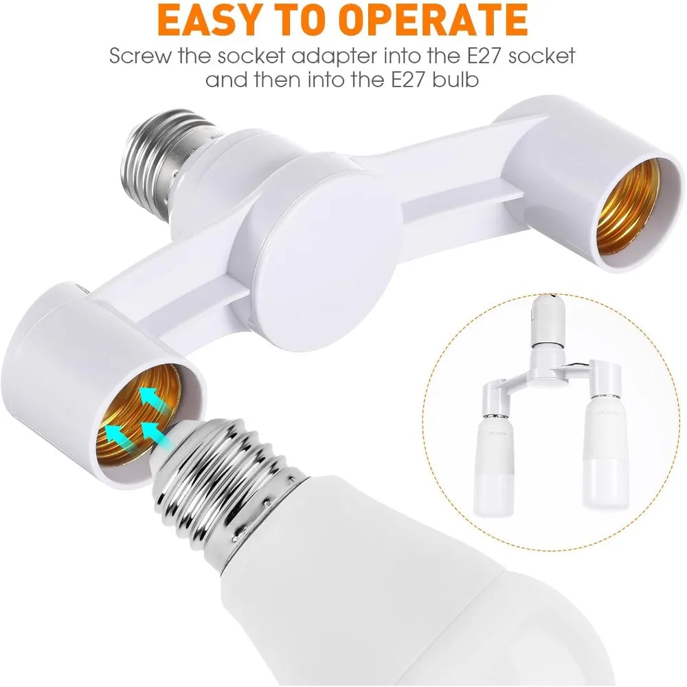 E27 Light Socket Splitter Adapter (2-in-1 Dual Head) - E27 Screw Lamp Base Extender & Converter Bulb Holder