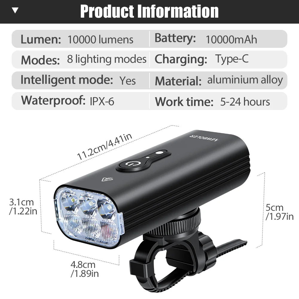 10000mAh Smart Bicycle Front Light (10,000 LM, USB-C) - Waterproof High-Lumen Headlight for MTB & Road Cycling