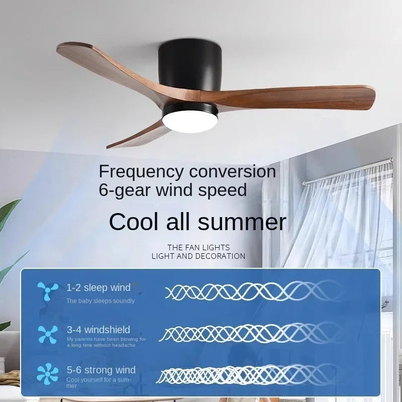 Nordic Style Solid Wood Fan Leaf Ceiling Light, Remote Control, Household Bedroom, Living Room Light, Low Floor Electric Fan