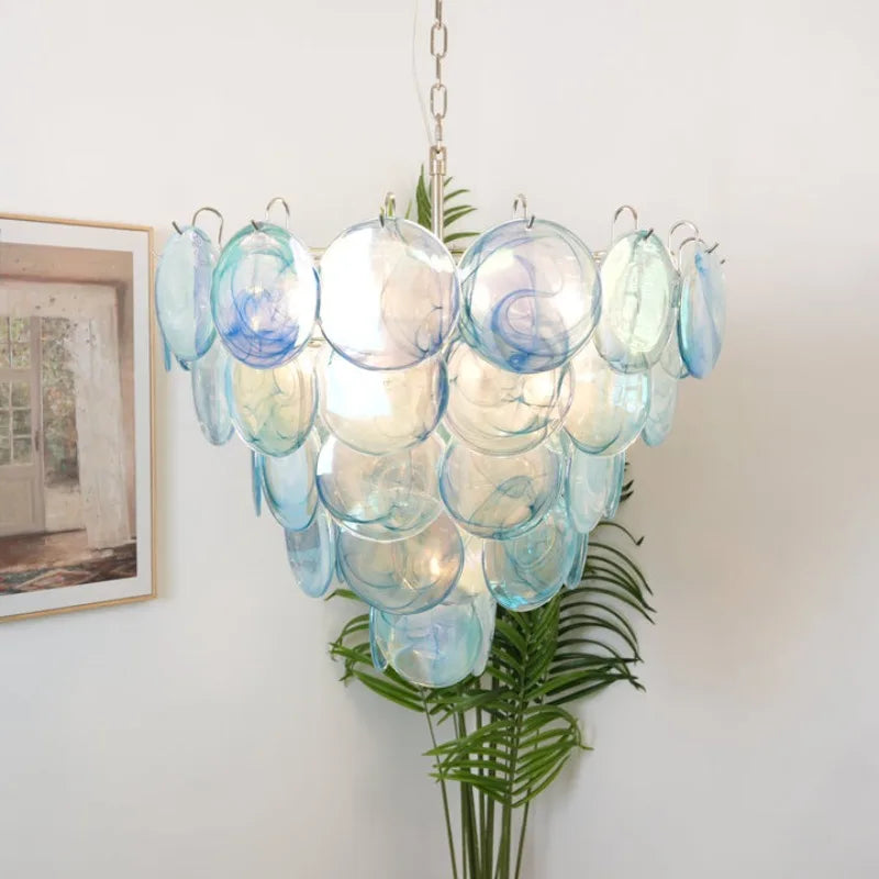 Multicolor Murano Glass Disc Chandelier (French Vintage Style) - Handblown Art Glass Pendant Light Fixture for Living Room & Dining Room Decor