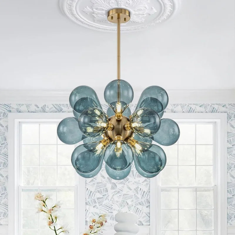 Modern Blue Glass Bubble Ball Chandelier Light - Decorative Ceiling Pendant Lighting Fixture for Living Room, Bedroom & Dining Room