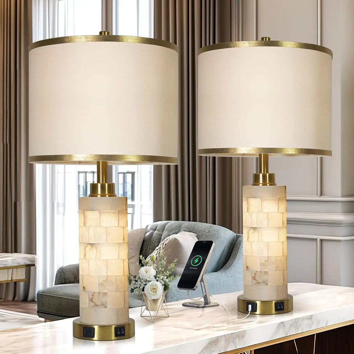 Set of 2 Modern Table Lamps with USB Ports and Night Light, Alabaster Design for Living Room or Bedroom