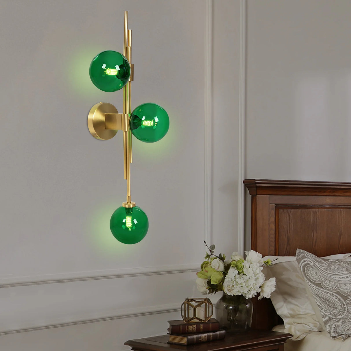 Emerald Green Glass Wall Lamp with Gold Finish, 3 G9 LED Bulbs Included 2700K Warm Light for Bedroom Living Room, Indoor Wall