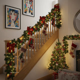 Christmas LED Rattan Garland 2.7m Artificial Xmas Tree Wreath, Decorative Banner for Home Fireplace Door Staircase Party Decor