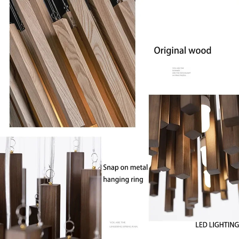 Retro Wooden Hanging Chandelier Light Dining Table Solid Wood Led Pendant Lamp Living Room Kitchen Chandelier Lighting Fixture