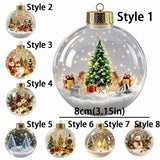 Clear Acrylic Lighted Christmas Ball Ornament Mini Interior Scene Warm LED Light-Up Tree Hanging Bauble Shock-Resistant Cartoon