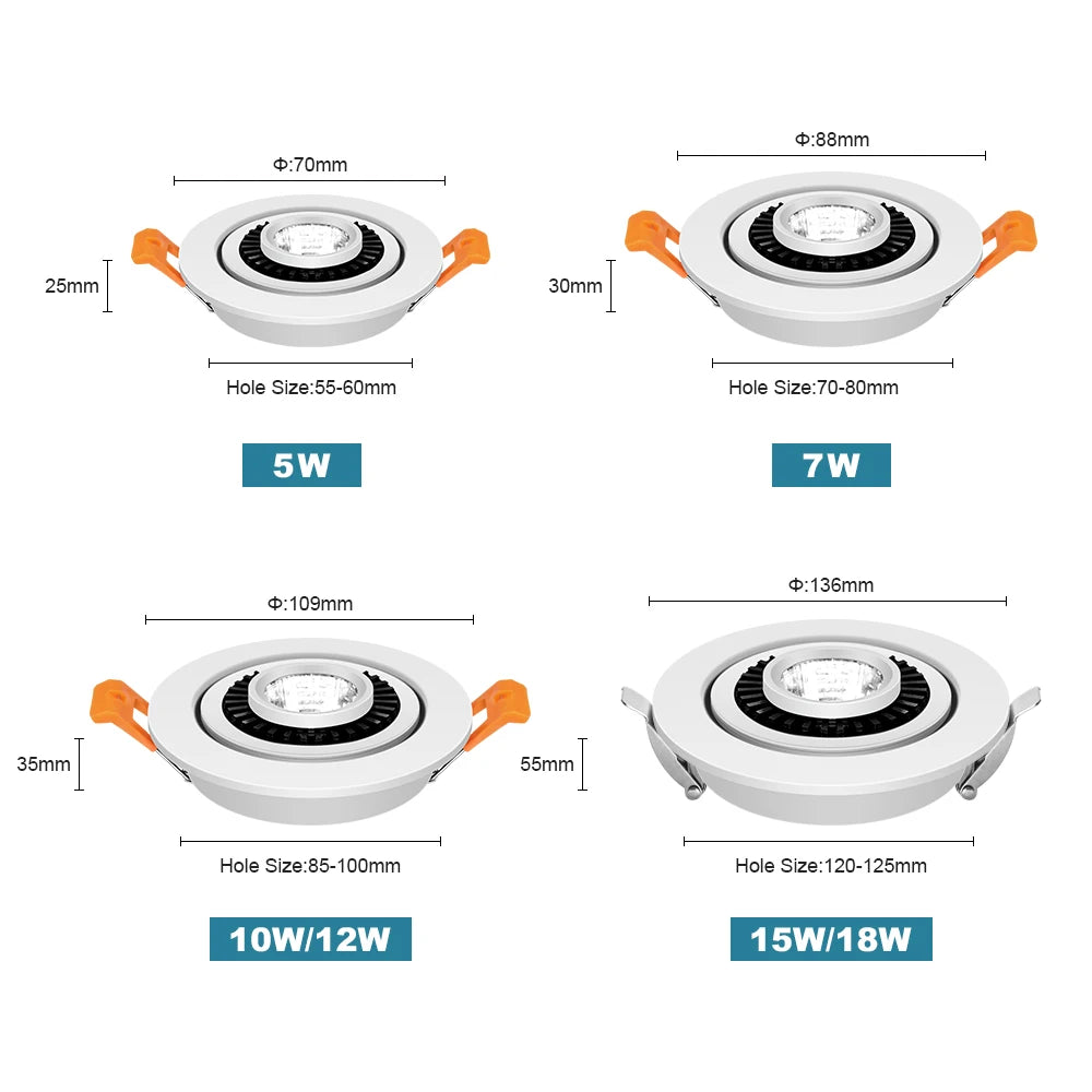 LED Downlights Dimmable 360 Angle Adjustable COB Ceiling Recessed Downlights 5/7/10/12/15/18W Ceiling Spot Lights Home Bedroom