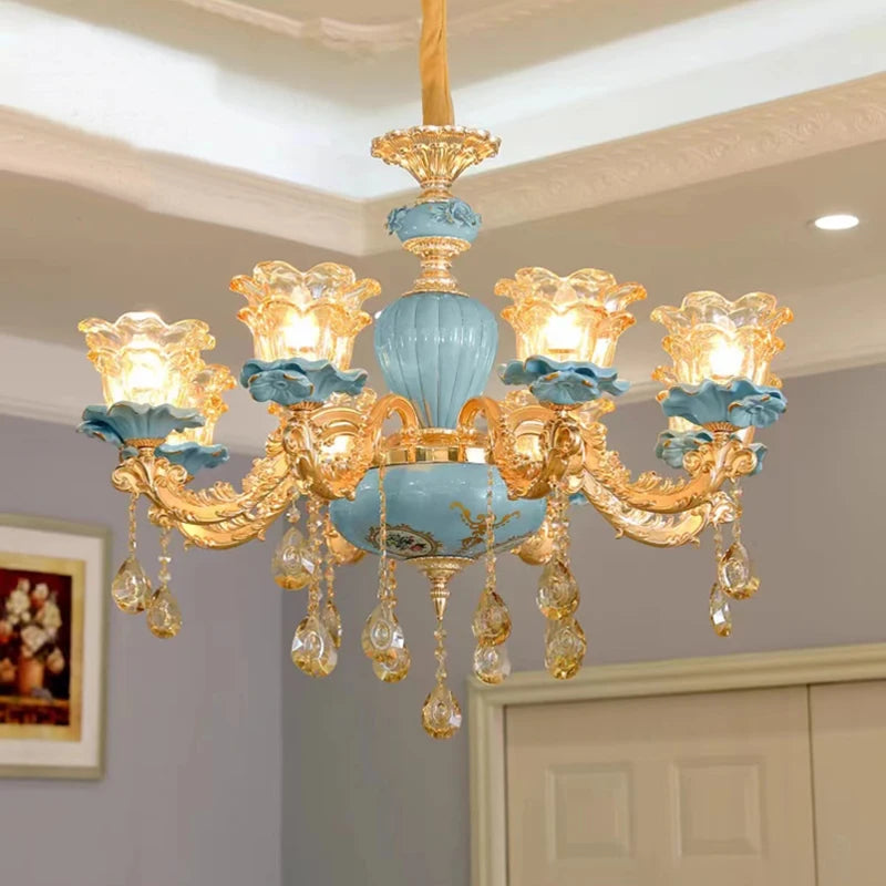 Large Blue Ceramic Chandelier Modern Crystal Glass Fixture Dining Room Contemporary Chandelier For Living Room Home Lighting