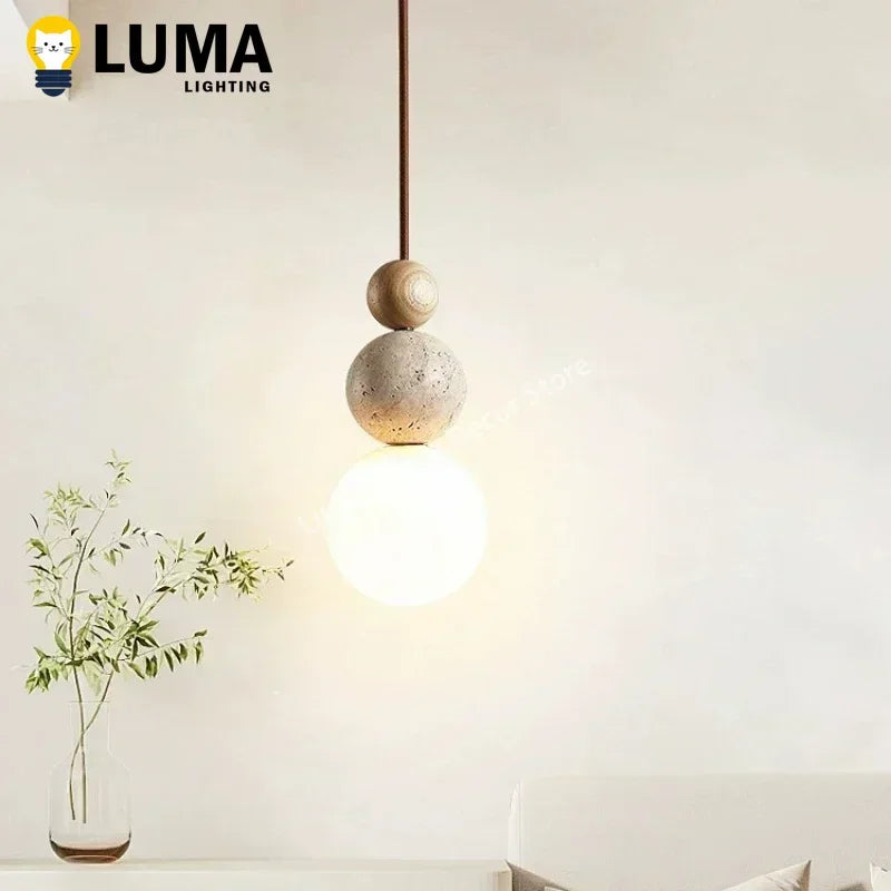 Yellow Travertine Pendant Light - Modern Cream Style Stone & Wood Hanging Lamp