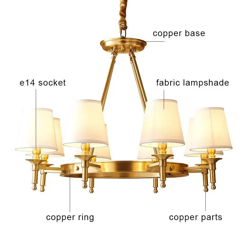 Rural LED ring Copper Ceiling Chandelier retro Fabric lamp Living Room Bedroom Home Decor Hanging Lamp American dining light