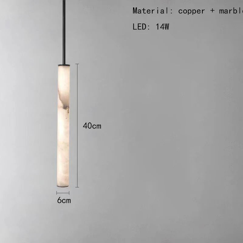 Cylindrical Natural Marble Chandelier Black Brass 3000K Indoor Bedroom Parlor Pendant Lamp Cord Adjustable