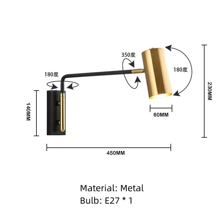 Modern Long Arm Wall Lights Gold Black White Metal Rotatable Foyer Bedside Reading Room Lamp E27 Bulb Drop shipping