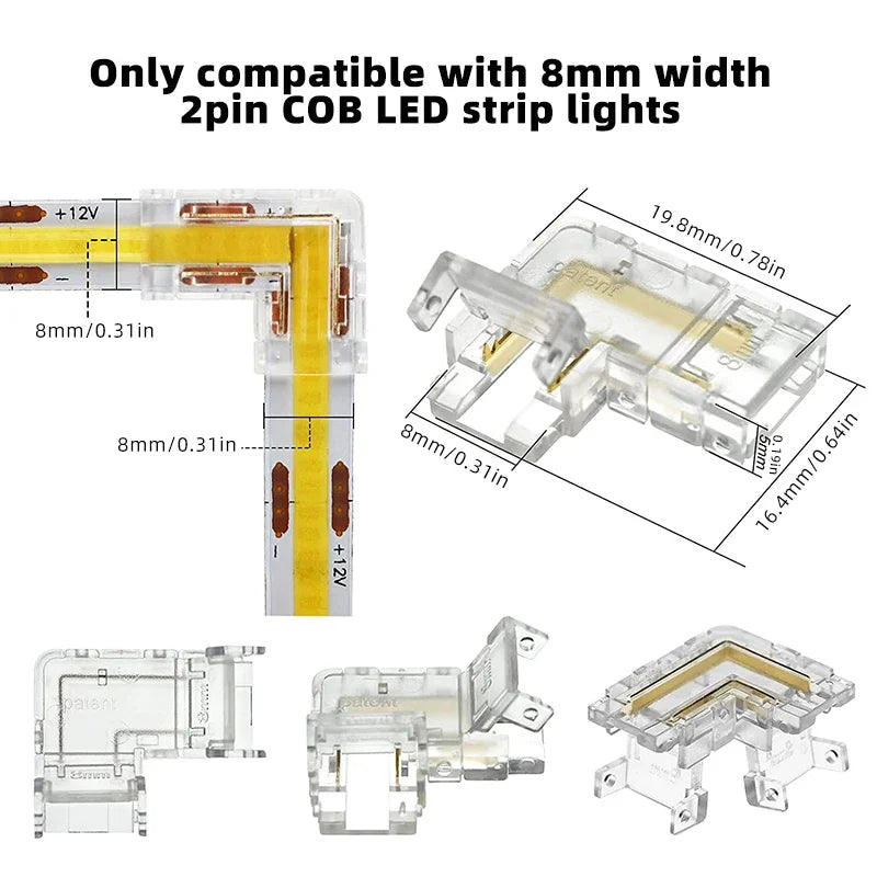 2Pin L-Shaped COB LED Connectors 8mm 10mm Strip to Strip Solderless Corner Connector for 2pin COB LED Strip Lights