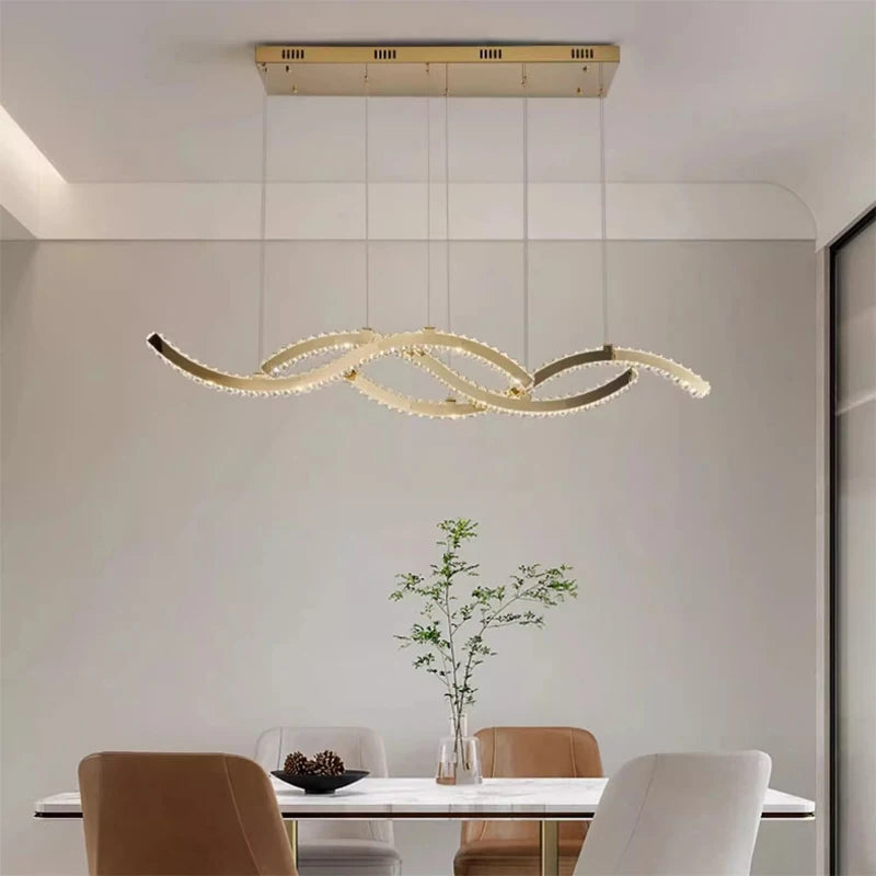 2026 Dining Room Lustre Remote Control Dimmable Pendant Lights Luxury K9 Crystal Hang Chandelier Wave Steel Lamp Fixtures