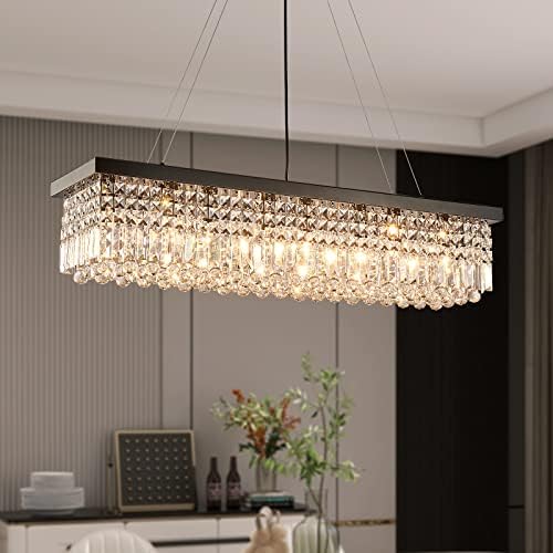 Rectangular Crystal Chandelier Industrial Rectangle Led Pendant Light Fixture for Kitchen Island Dining Room Black L 33.5" x