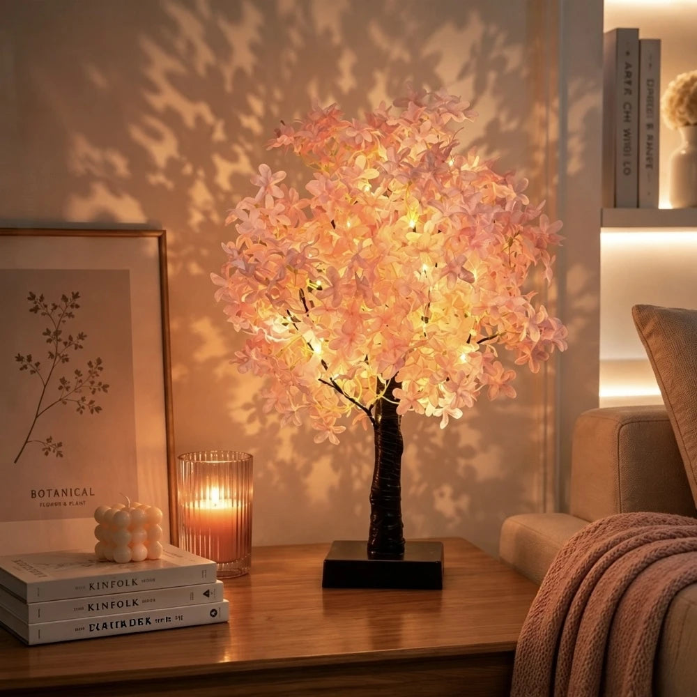 Pink Cherry Blossom Decorative Tree Lamp Bedroom Bedside Indoor Decor Night Light Warm Atmosphere Light Desktop Ornament