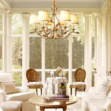 American Retro Luxury Gold Copper Chandeliers Living Dining Bedroom Pendant Lights Fabric Shades Flower Deco Led Lighting Lamps