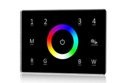 110-240VAC Input T11(IT) 4 Zones Dimming Glass Touch Panel DMX Master T12 CCT / T13 RGB / T14 RGBW DMX512 2.4G RF AC Controller
