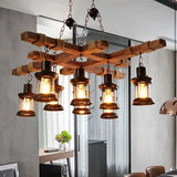 8-Light Rustic Country Chandelier Wood Pendant Lamp Industrial Ceiling Light Adjustable Height Vintage Style for Home Cafe Bar
