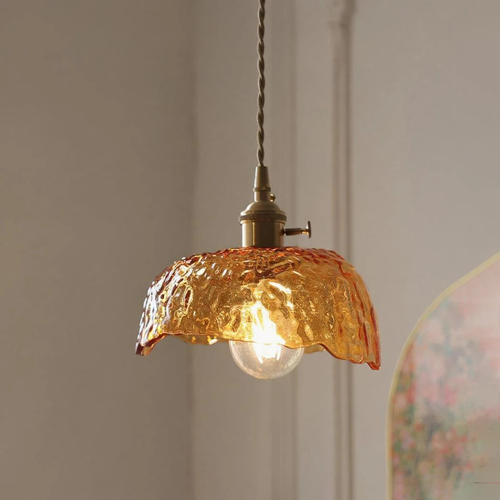 Vintage Amber Glass Pendant Light - Retro Brass Adjustable Hanging Hanging Lamp