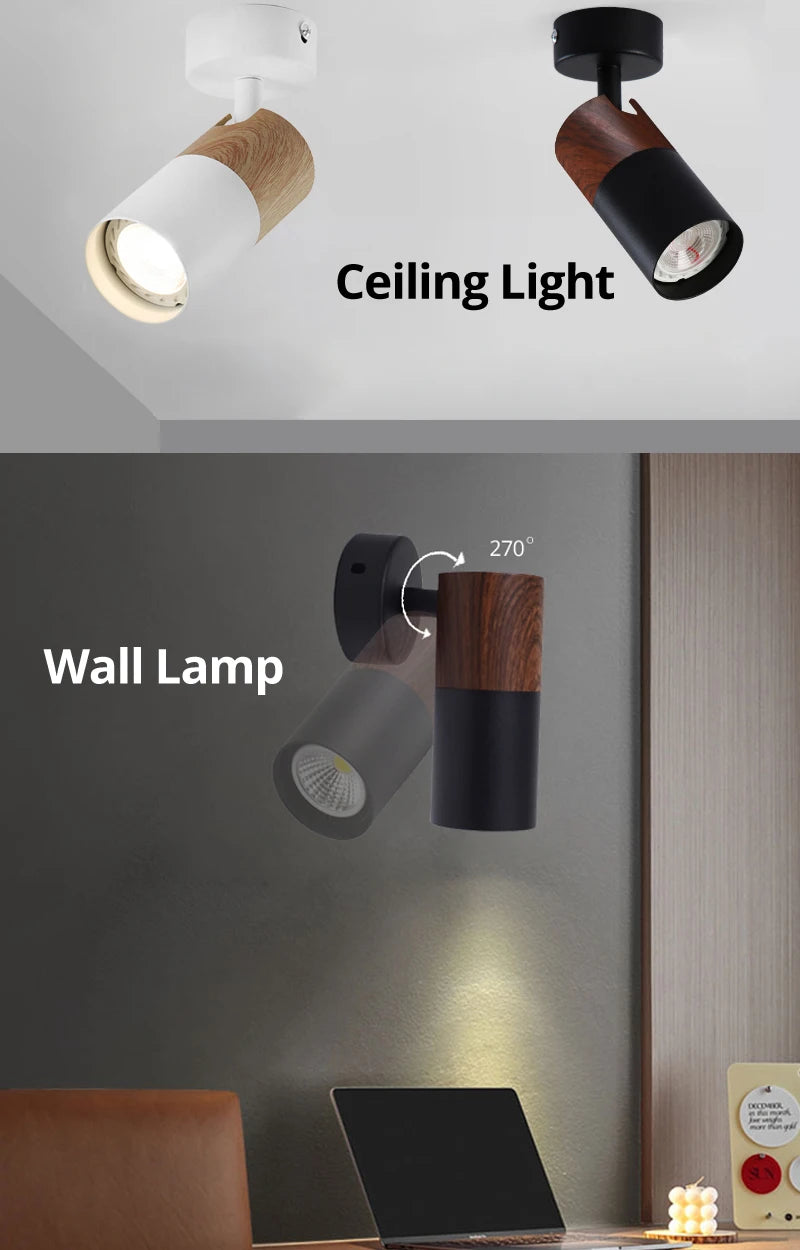 Surface Flush Mounted Ceiling Spot Light fixture Wall Sconce GU10 LED Lamp Replaceable Nordic Wood graine Bedroom Living Decor