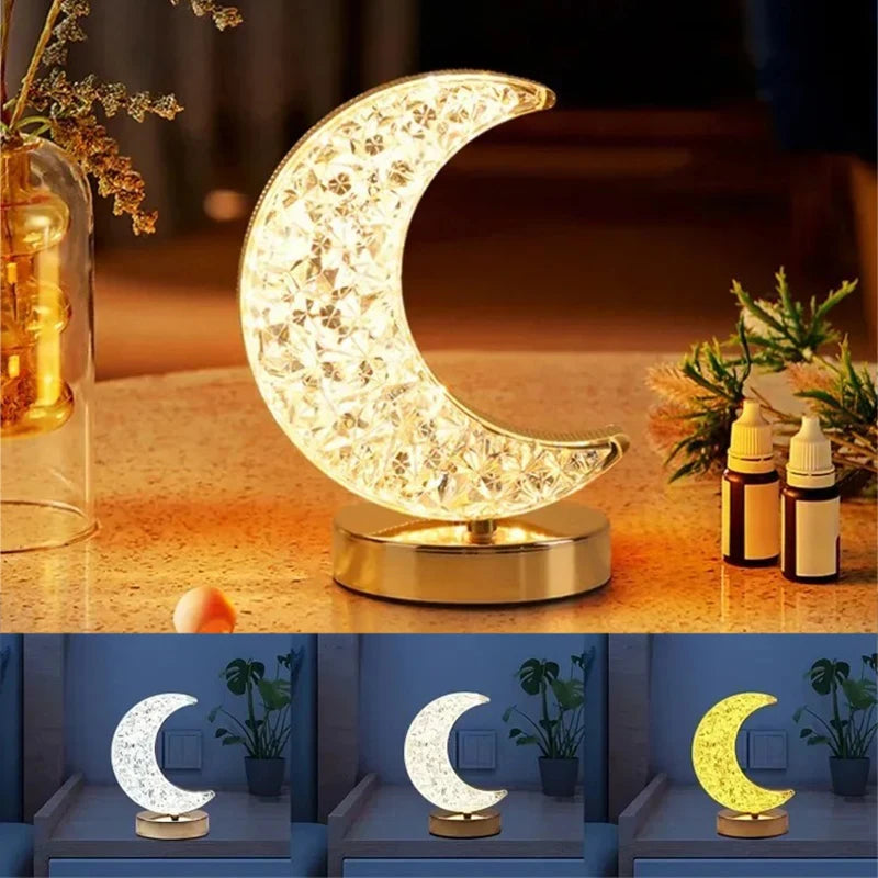3D Moon Crystal Table Lamp - Touch Dimming USB Rechargeable Night Light for Bedroom, Girls Room Aesthetic Decor